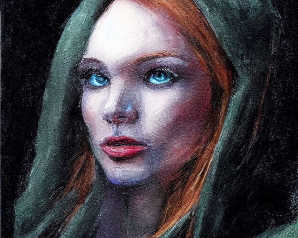 Portrait of woman with blue eyes and red hair in textured pastel style