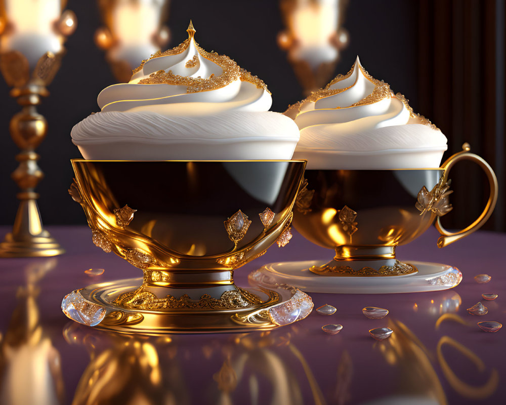 Luxurious golden cups with intricate designs and whipped cream on reflective purple surface