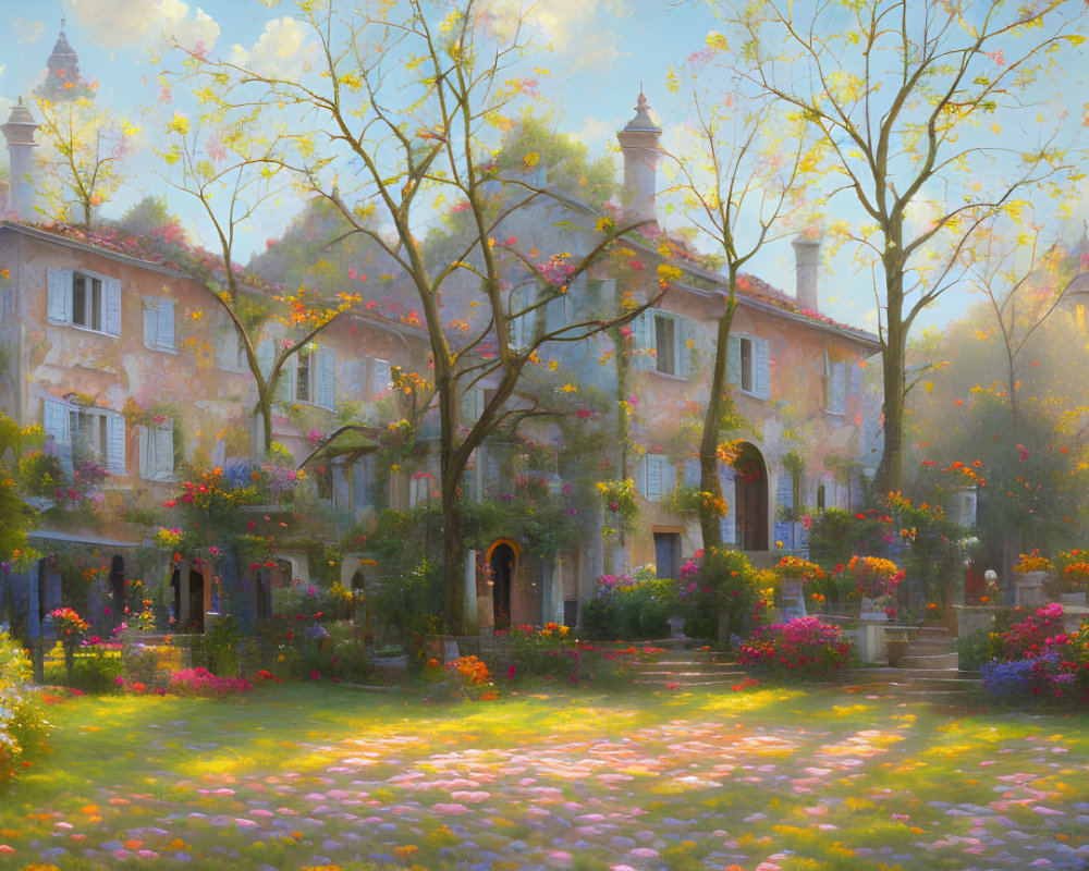 Tranquil painting of sunlit villa and lush gardens