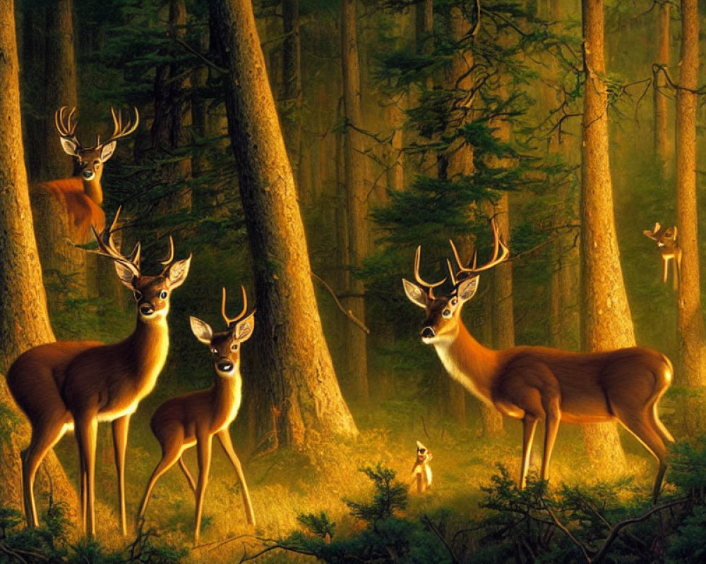 Ethereal deer in serene forest under golden light