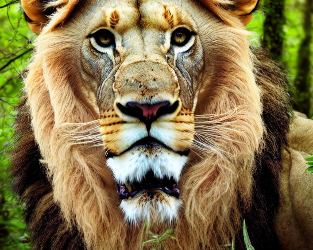 Majestic lion with lush mane in green forest setting