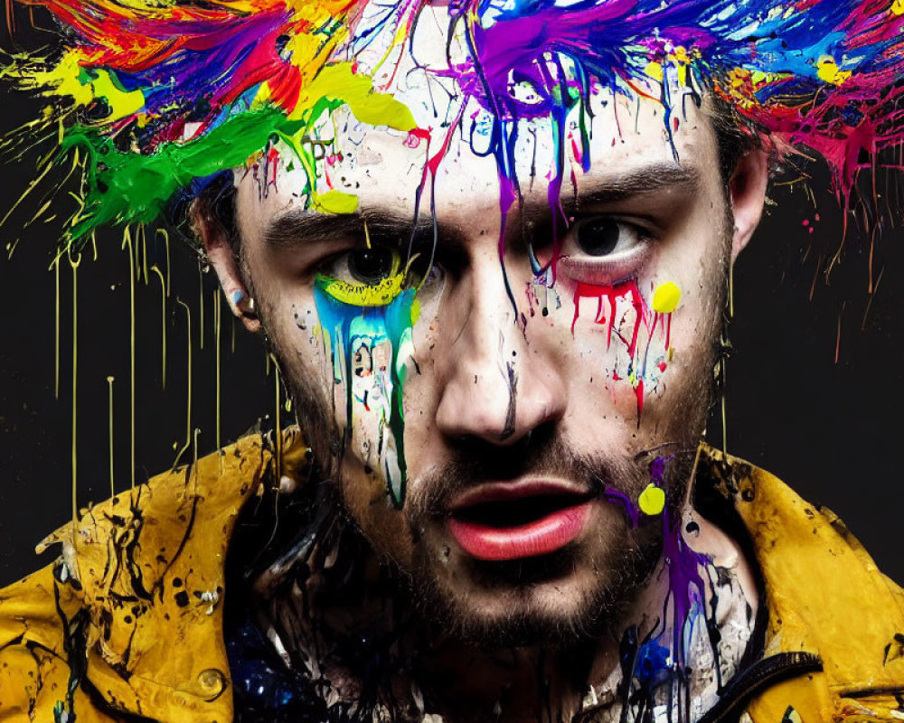 Bearded man splattered with multicolored paint on dark background