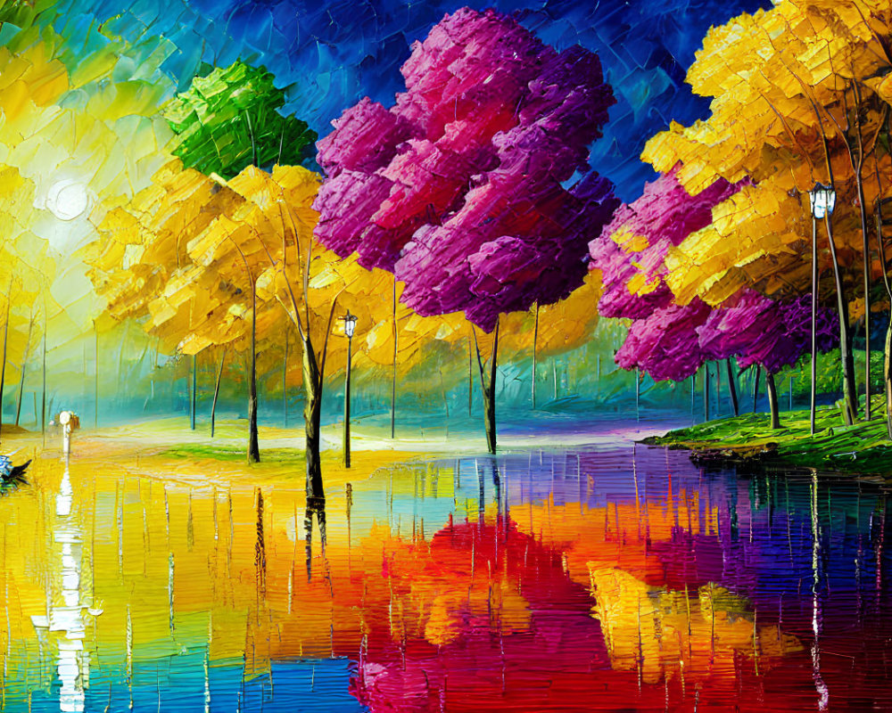 Colorful Park Painting with Trees, Lake, Boat, Lamps, and Figure in Impasto Style