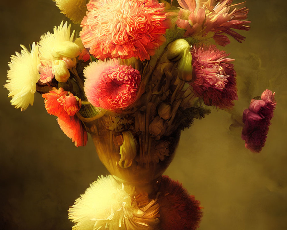 Vibrant bouquet of yellow, orange, and red flowers on dark, moody background