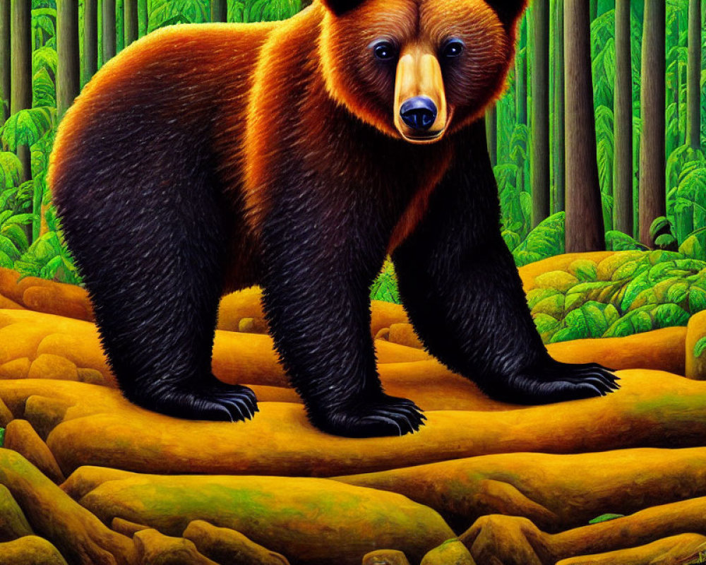 Detailed illustration of intense bear in lush forest