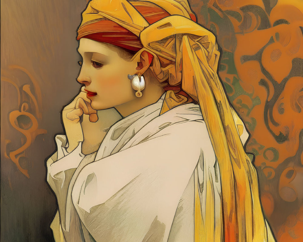 Pensive woman in golden headscarf and white garment with elegant earrings against ornate background