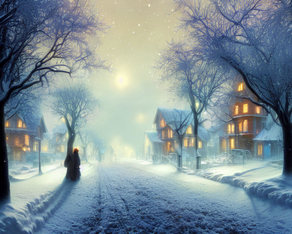 Snowy Street with Glowing Houses and Bare Trees at Twilight