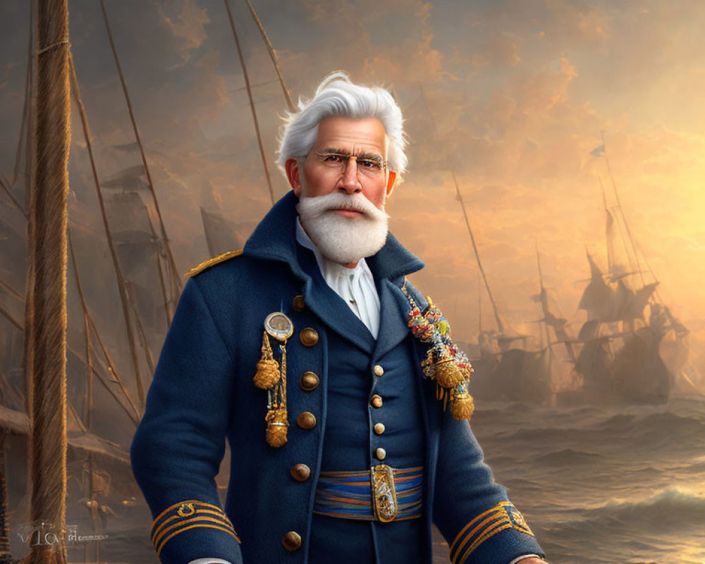 Elderly sea captain in blue uniform at ship's wheel with sailing ships and cloudy sky.