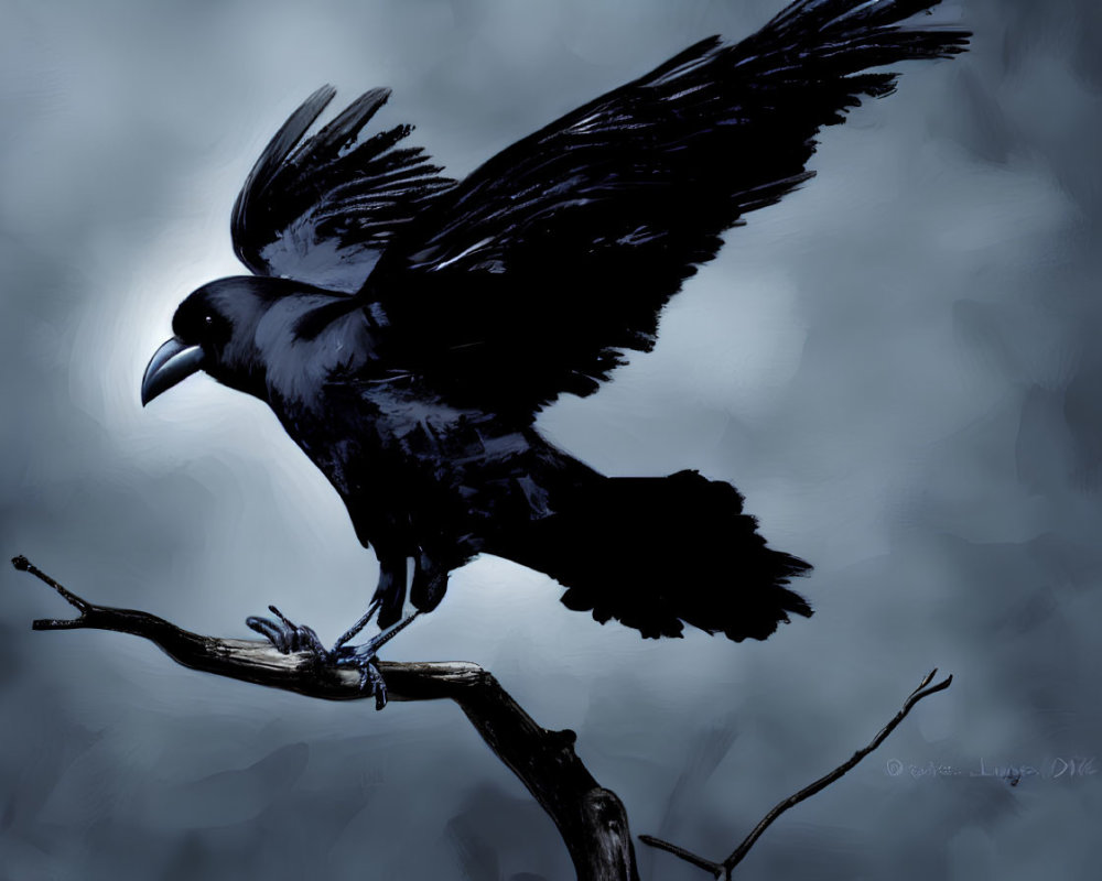 Black raven perched on branch in digital painting