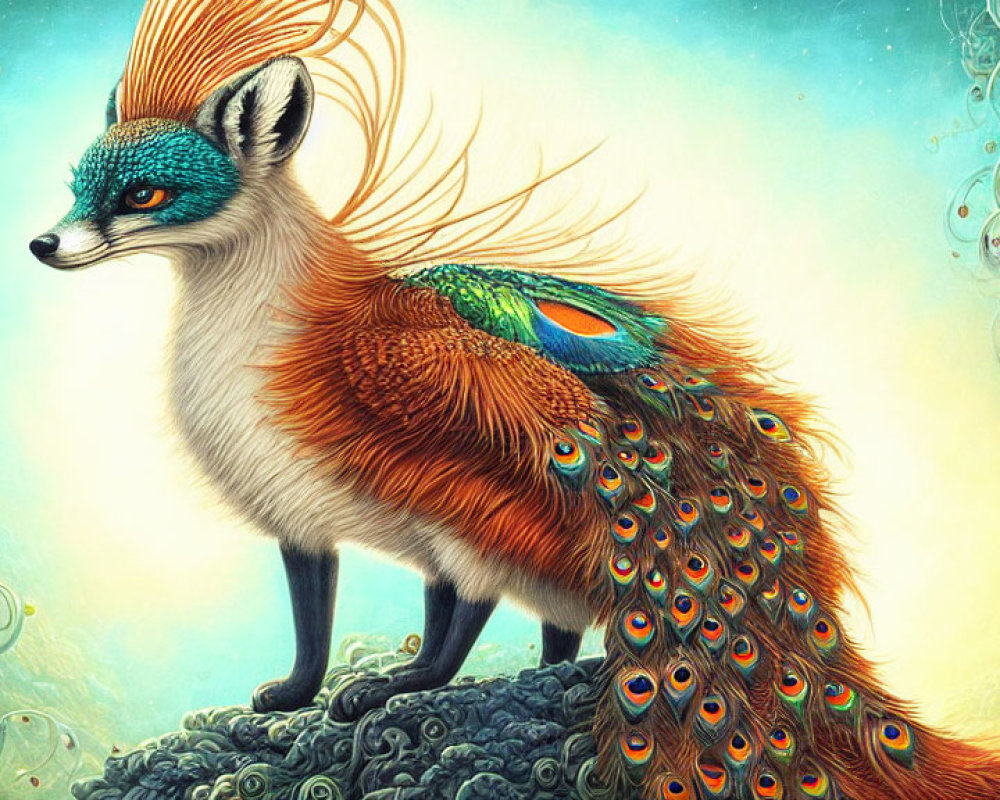 Vibrant peacock-tailed fox in whimsical setting