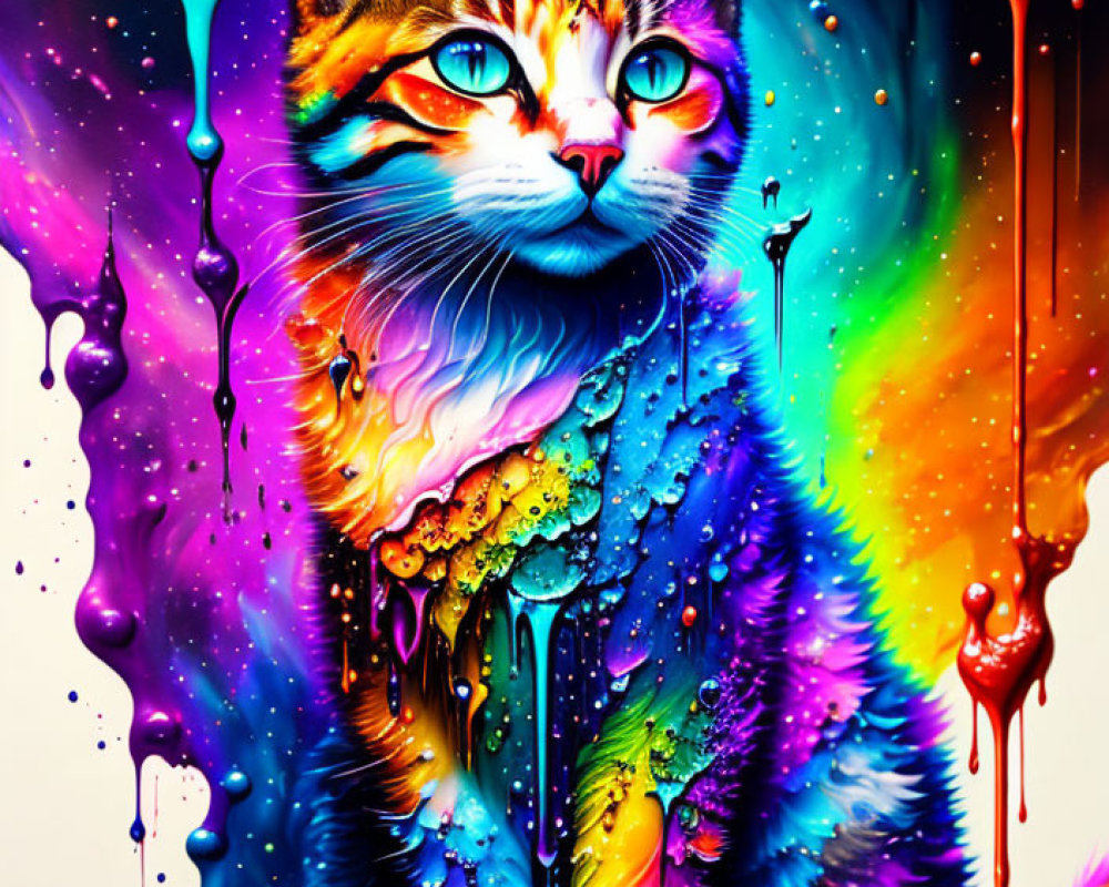 Colorful Digital Art: Melting Rainbow Cat with Intricate Patterns