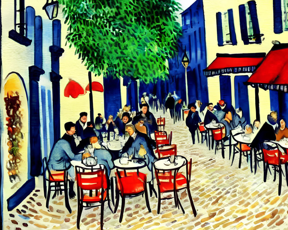 Colorful Impressionistic Street Café Scene with People Dining and Green Tree