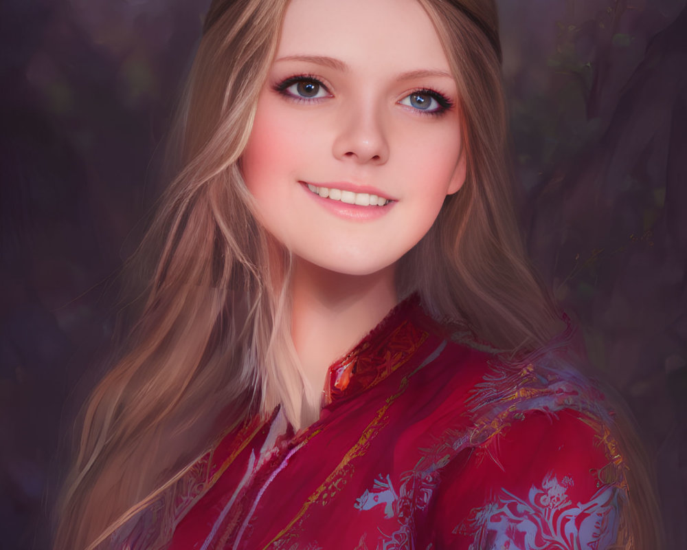 Smiling young woman in red Asian outfit with blue eyes