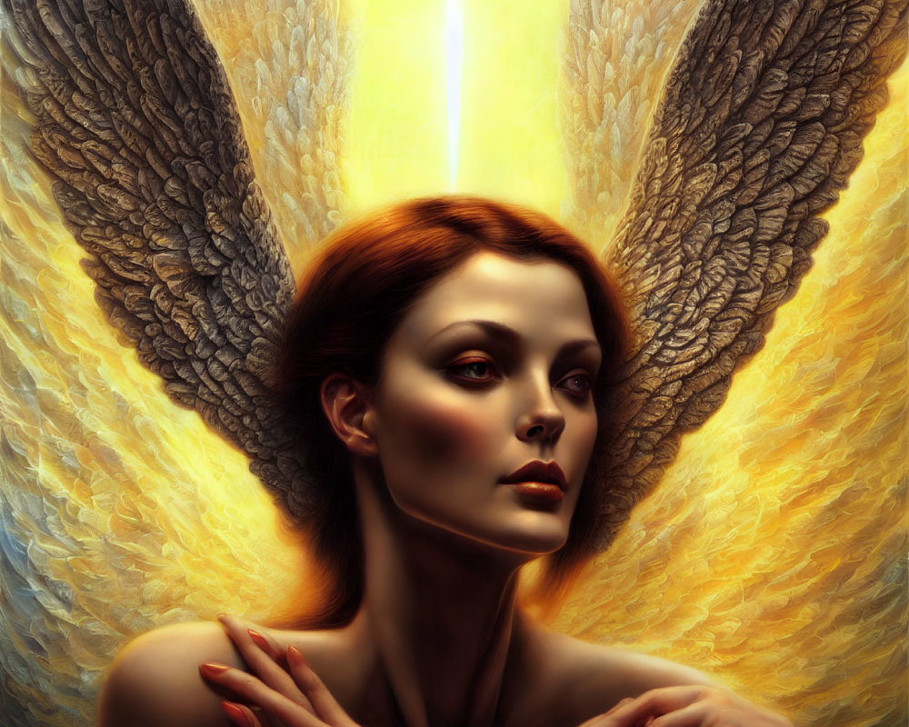 Illustration of woman with red hair and angelic wings in warm light