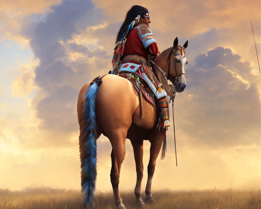 Native American person on horseback in traditional attire at dusk