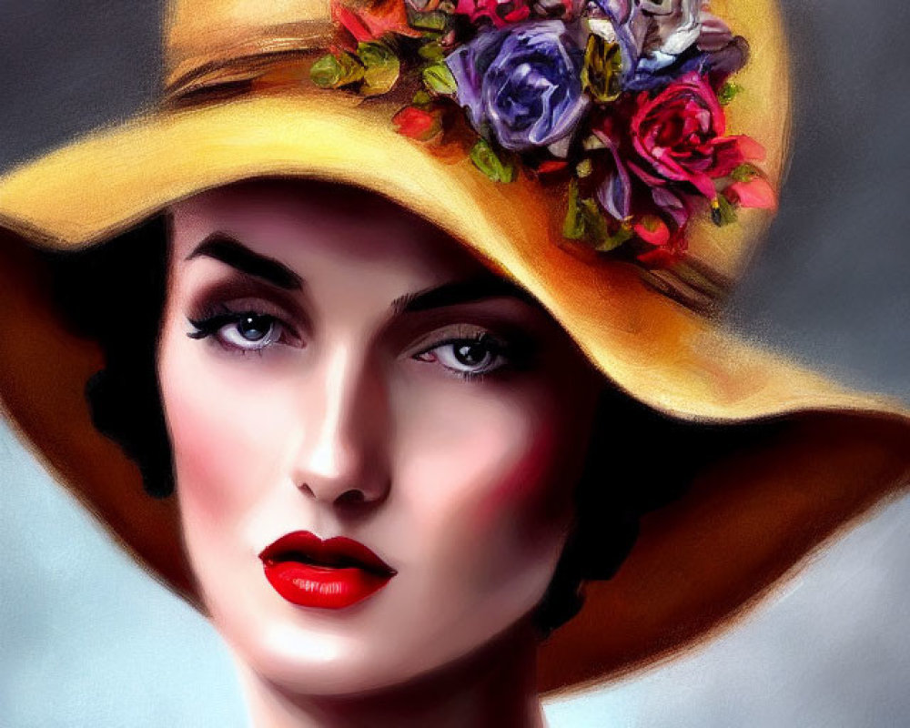 Woman in Yellow Hat with Colorful Flowers and Red Lipstick