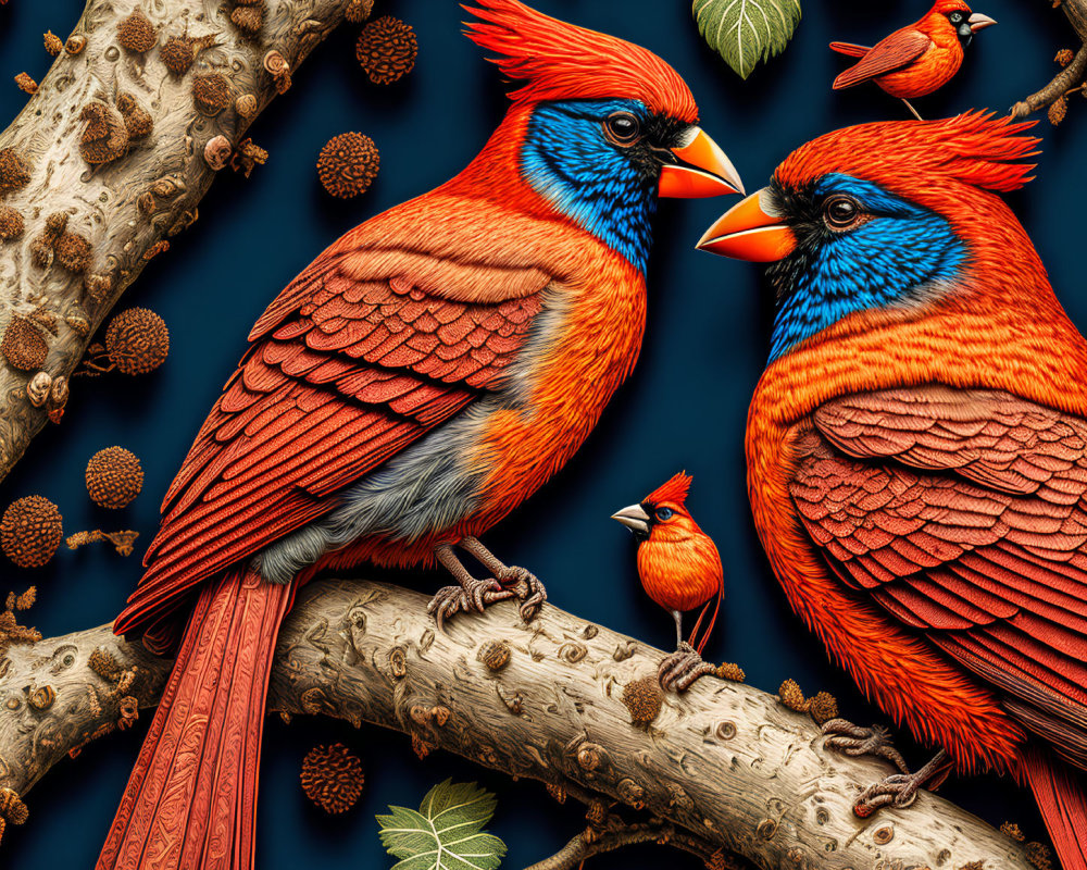 Colorful Birds on Branch Surrounded by Foliage