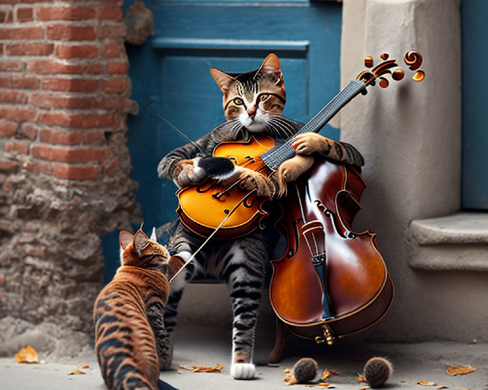 Tabby cat playing cello with another cat in urban setting