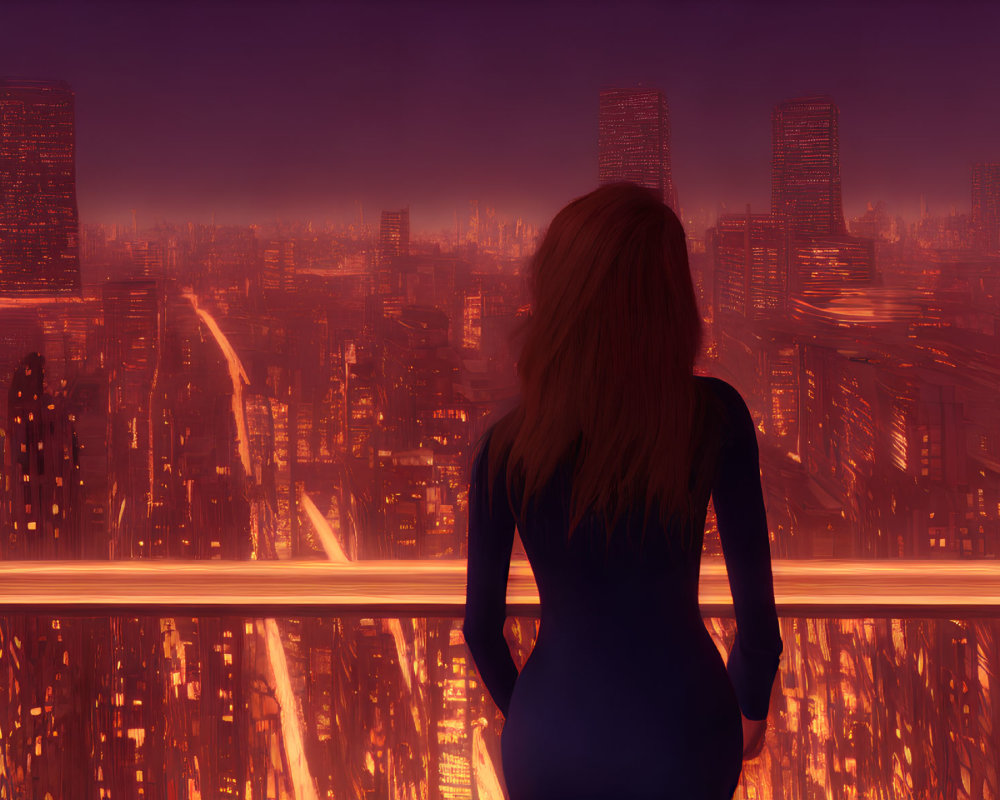 Woman in Blue Dress Overlooking Futuristic Cityscape at Sunrise/Sunset