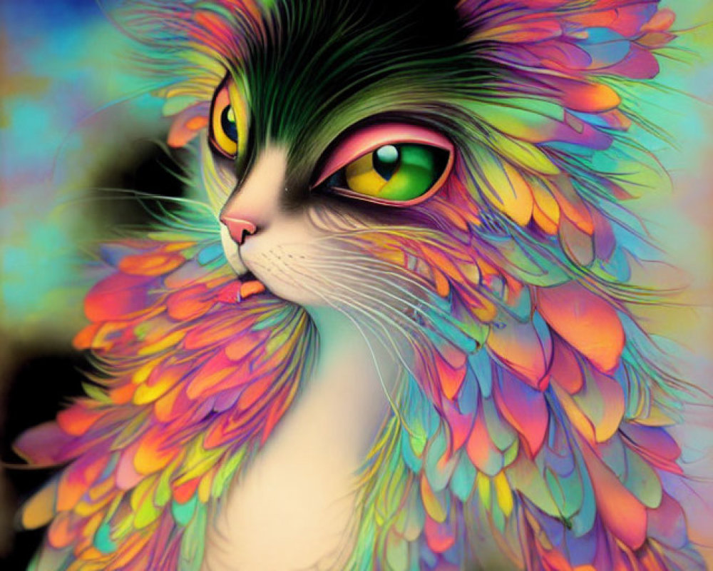 Vibrant Cat Artwork with Feather-Like Rainbow Patterns