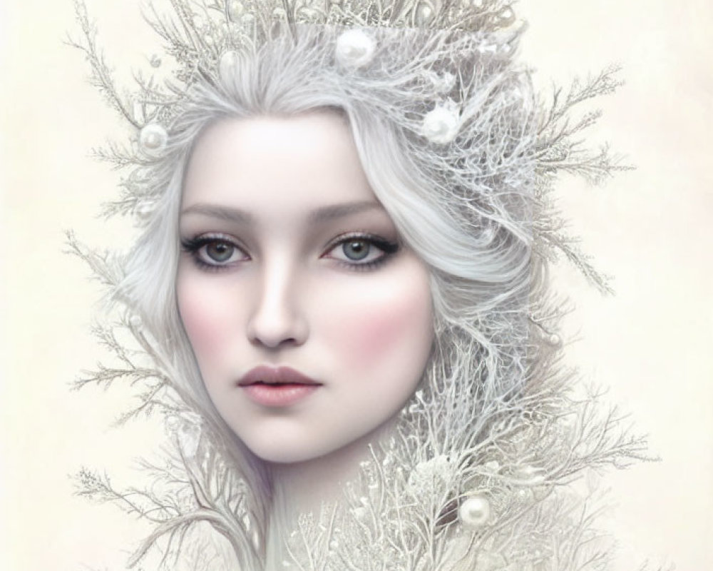 Woman with Pale Skin and White Hair in Winter-Themed Headdress