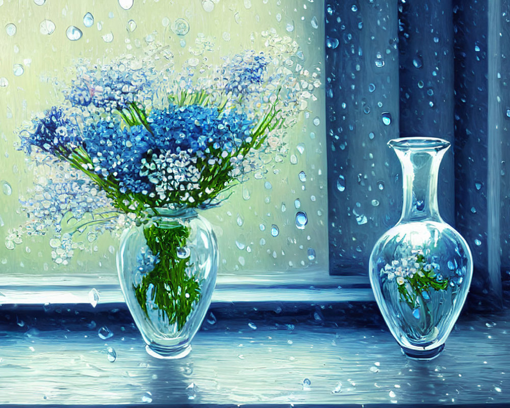 Digital painting of blue and white flowers in vase by rainy window