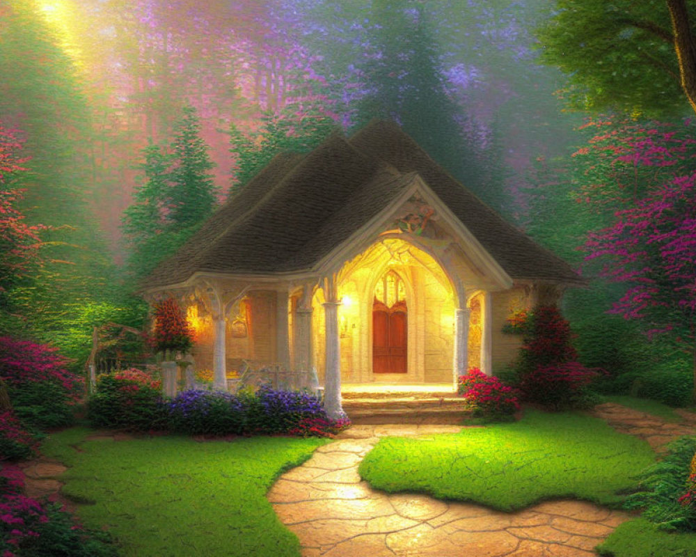 Enchanted forest cottage with vibrant flora and sunlit ambiance