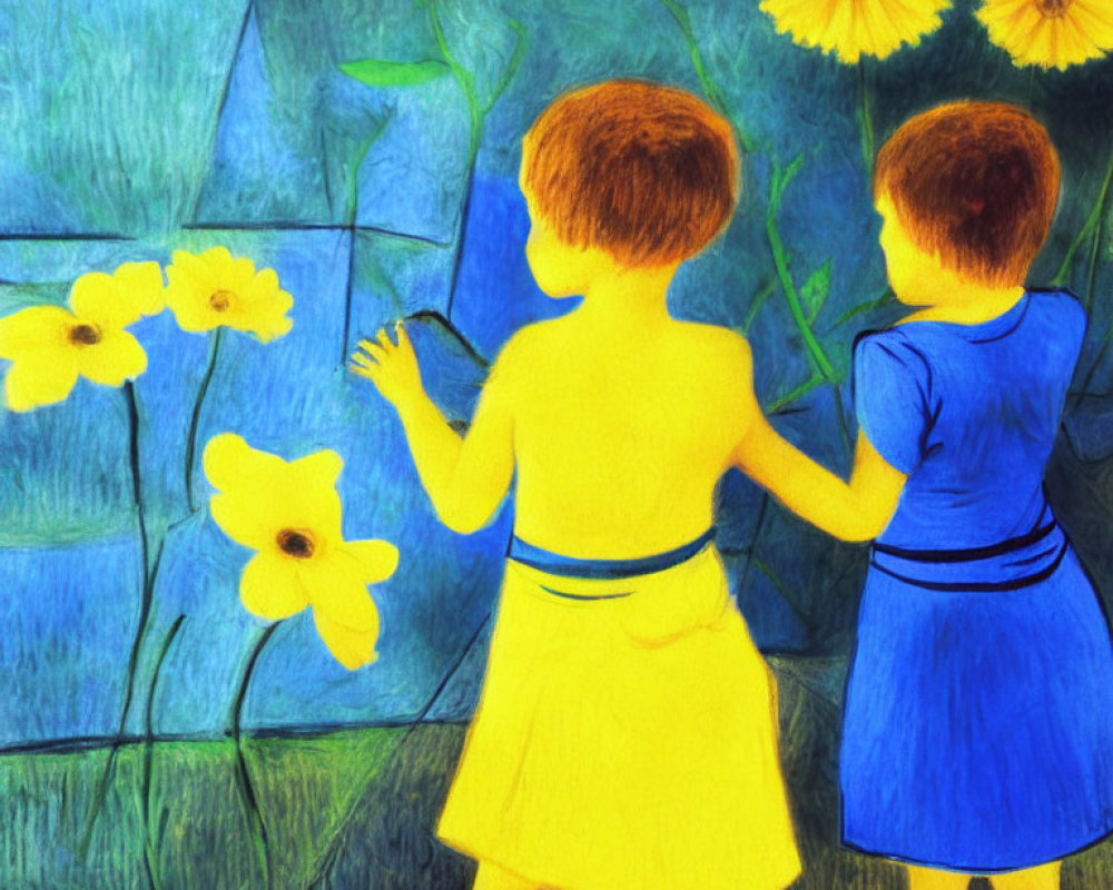 Children in Yellow and Blue Attire with Flowers on Vibrant Blue Background