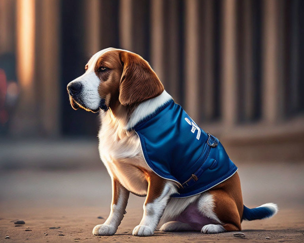 Beagle Dog in Blue Jacket on Dusty Path at Golden Hour