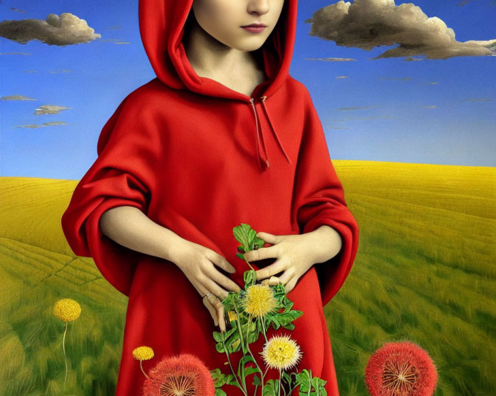 Surreal portrait of girl in red cloak with dandelions in vivid landscape