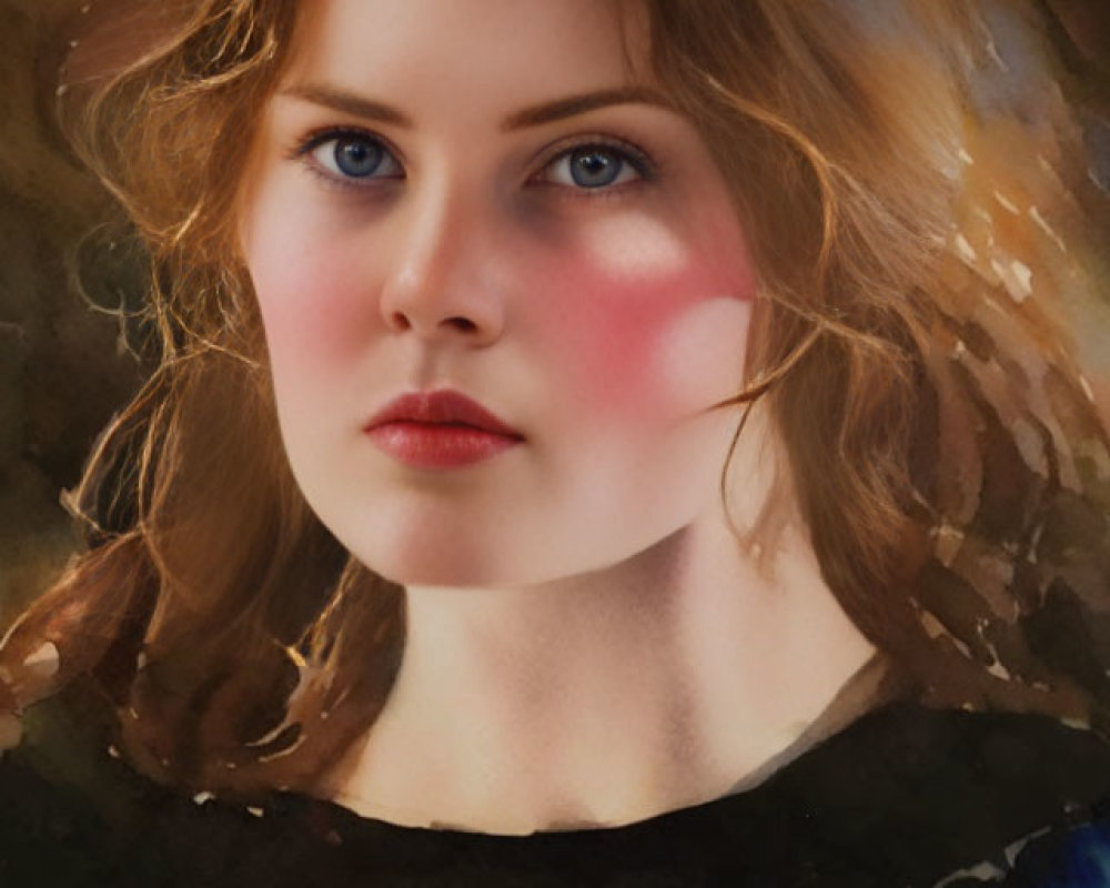 Portrait of Woman with Striking Blue Eyes and Auburn Hair in Black Floral Blouse