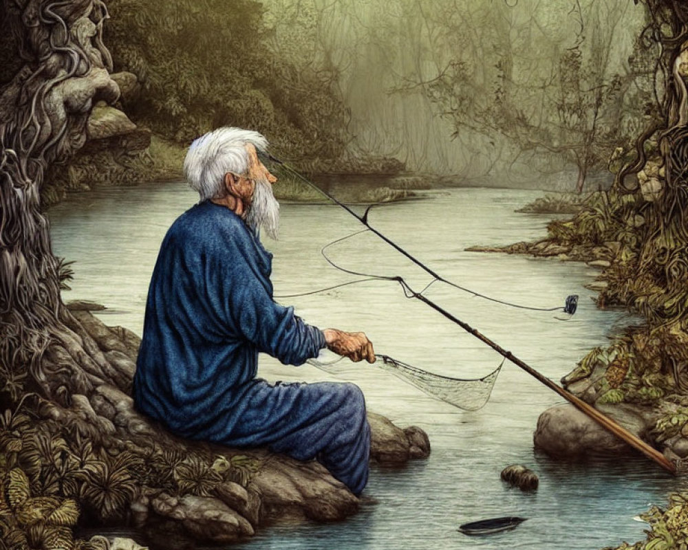 Elderly man fishing by misty riverbank with lush greenery