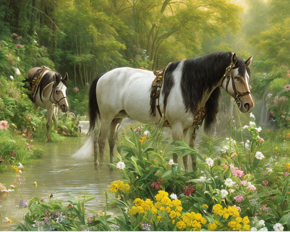 Tranquil stream scene with two bridled horses in lush forest