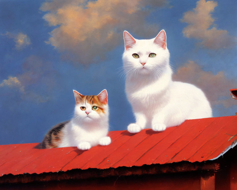 Two Cats with Green Eyes on Red Roof Against Blue Sky