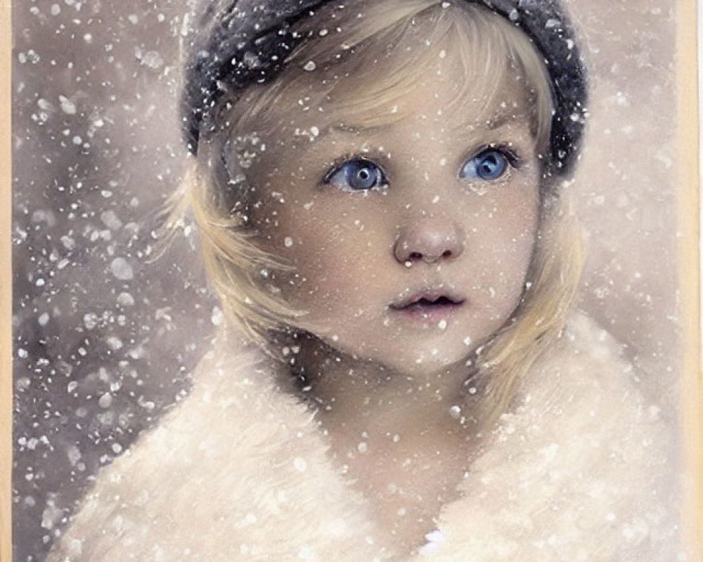 Child in white fluffy coat and black beret under falling snowflakes