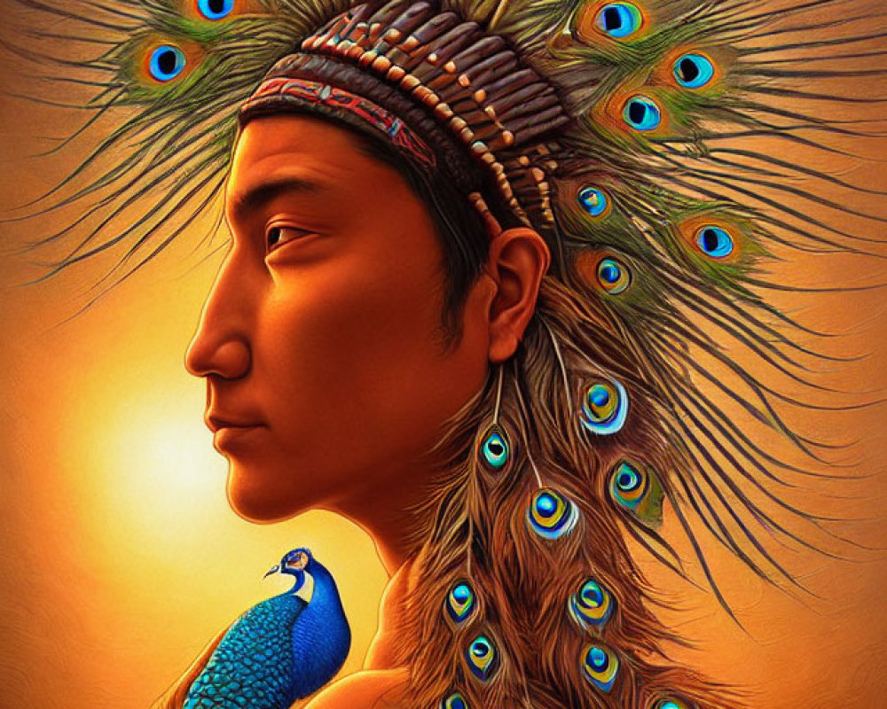 Colorful Illustration: Person with Peacock-Feather Headdress and Peacock on Shoulder on