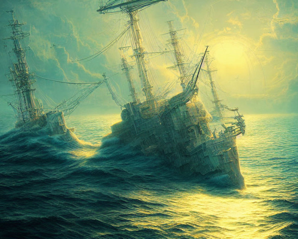 Age-of-Sail Ships in Tumultuous Seas at Sunset