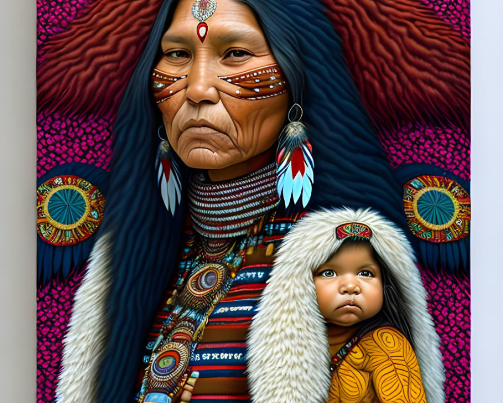 Indigenous woman and child in cultural attire against vibrant backdrop