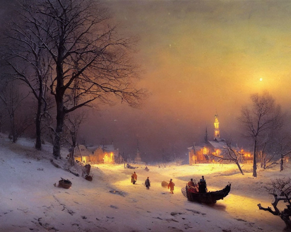 Snow-covered path to warmly lit village with people walking, bare trees, and boat on shore