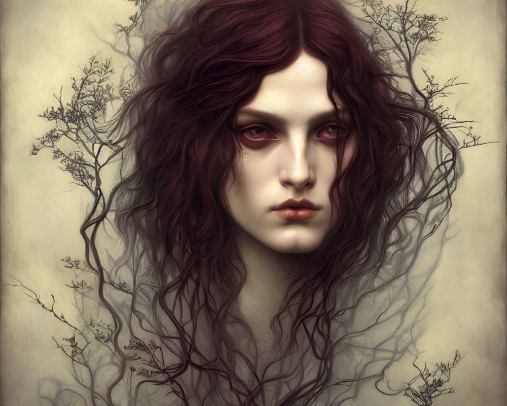 Intricate surreal portrait with red hair blending into branches