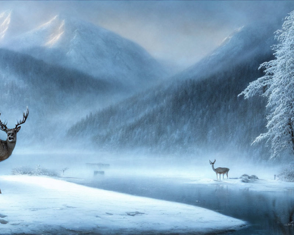 Winter scene: Two deer by misty lake, snow-covered trees & mountains