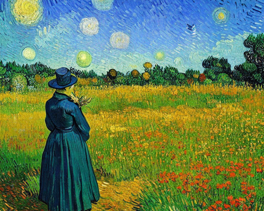 Woman in Blue Dress Stands in Vibrant Field Under Starry Night