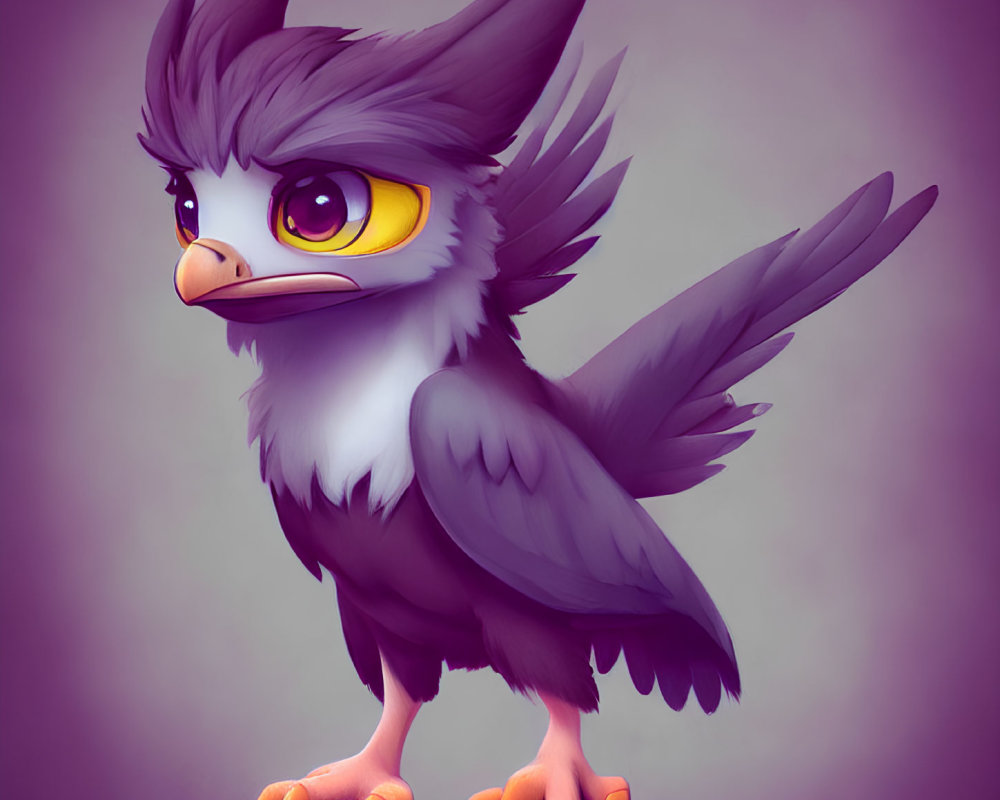 Cartoonish Bird Illustration with Yellow Eyes on Purple Background