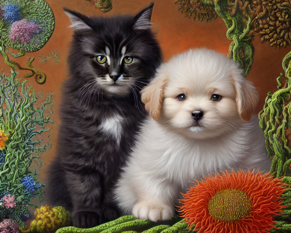 Fluffy black and white cat with cream-colored puppy in fantastical setting