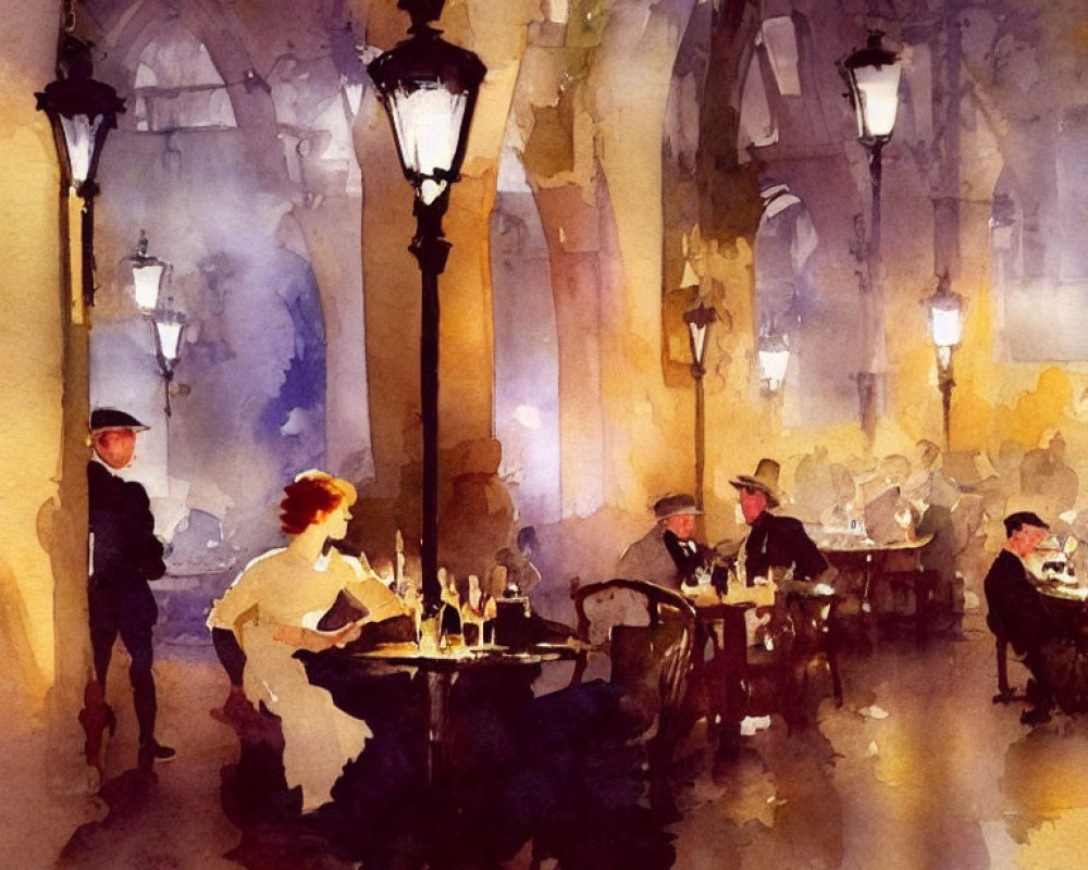 Impressionistic watercolor of cozy evening café scene