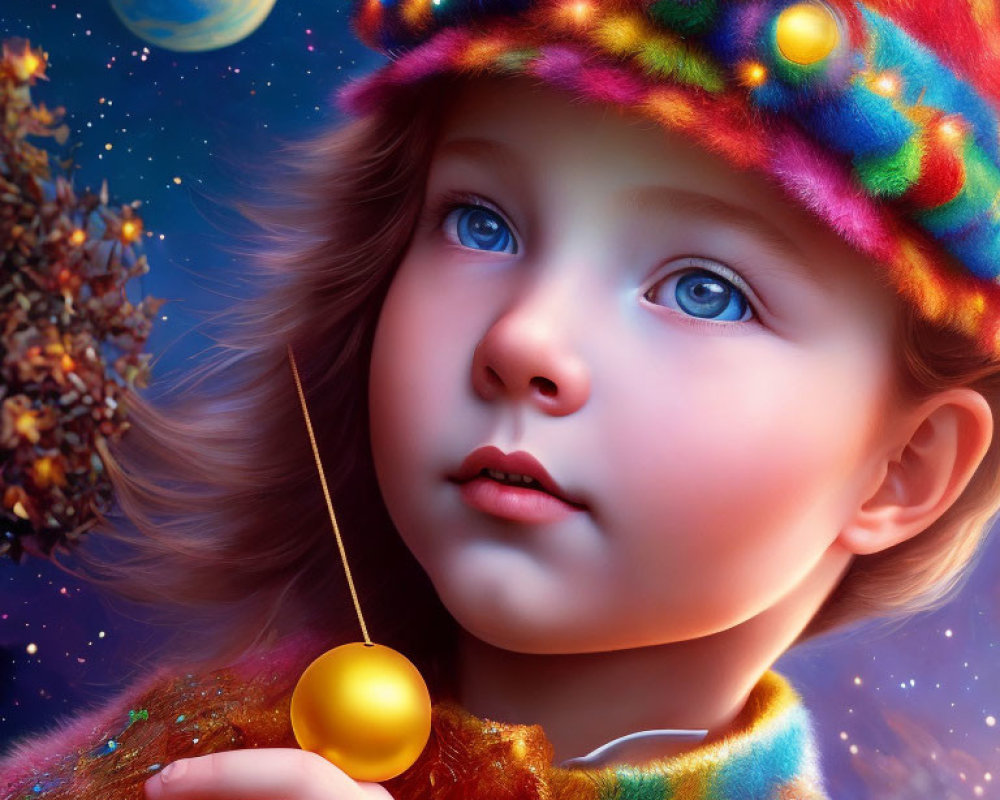 Digital artwork: Young girl with blue eyes in vibrant hat and coat, holding golden object against cosmic backdrop