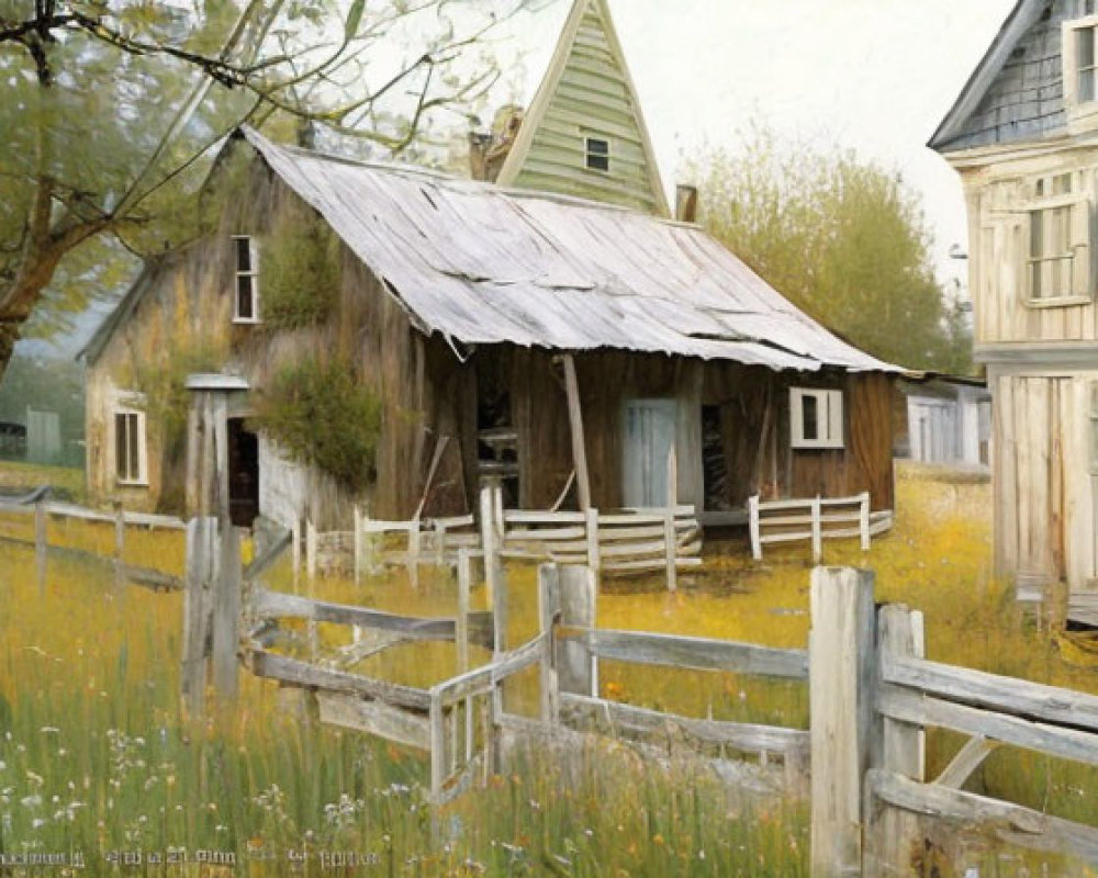 Weathered wooden houses, white picket fence, wildflowers in tranquil countryside