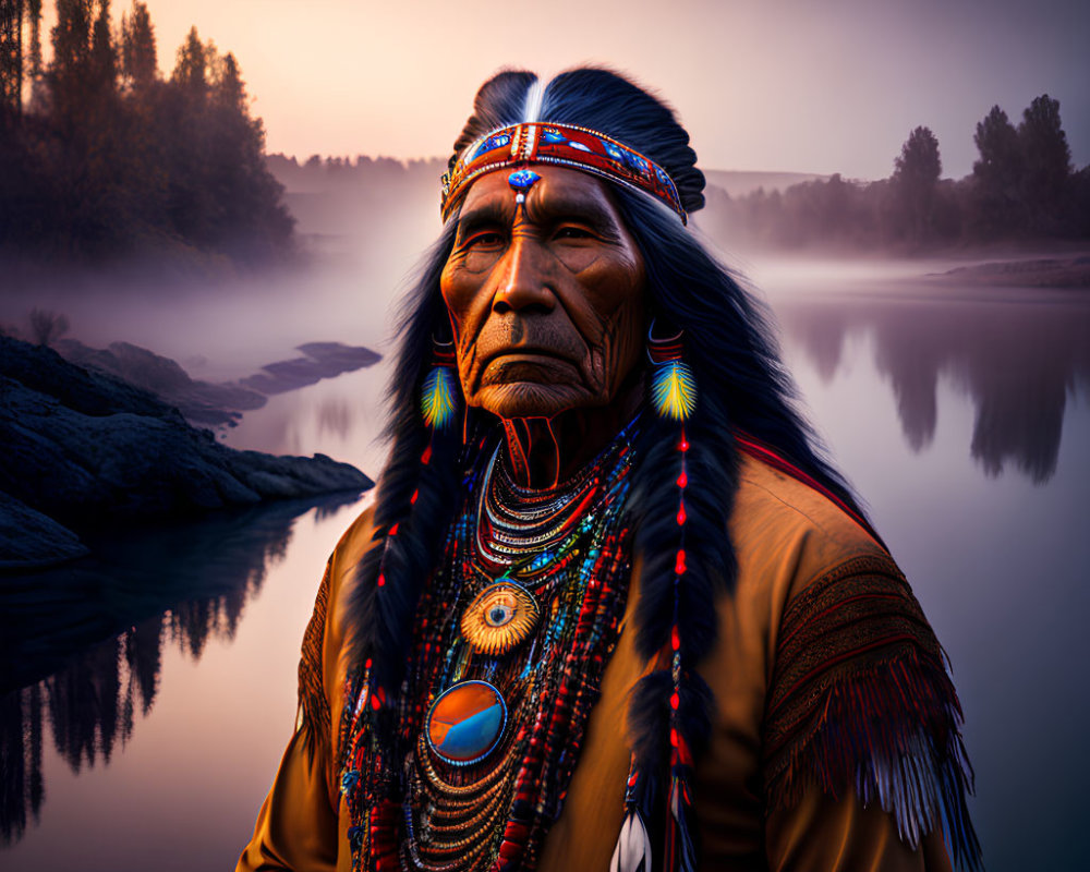 Native American elder in traditional attire by tranquil river at twilight