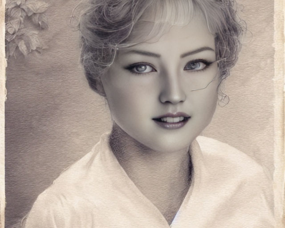 Portrait of young woman with light hair and striking eyes in vintage style.