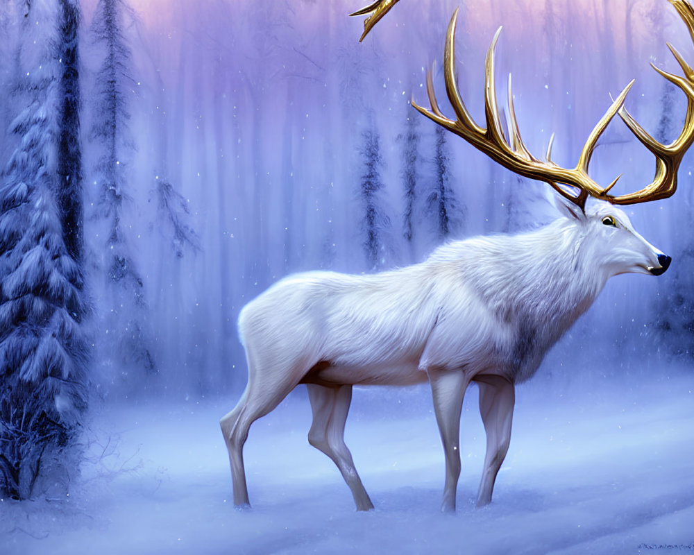 Majestic white stag with glowing antlers in snowy forest